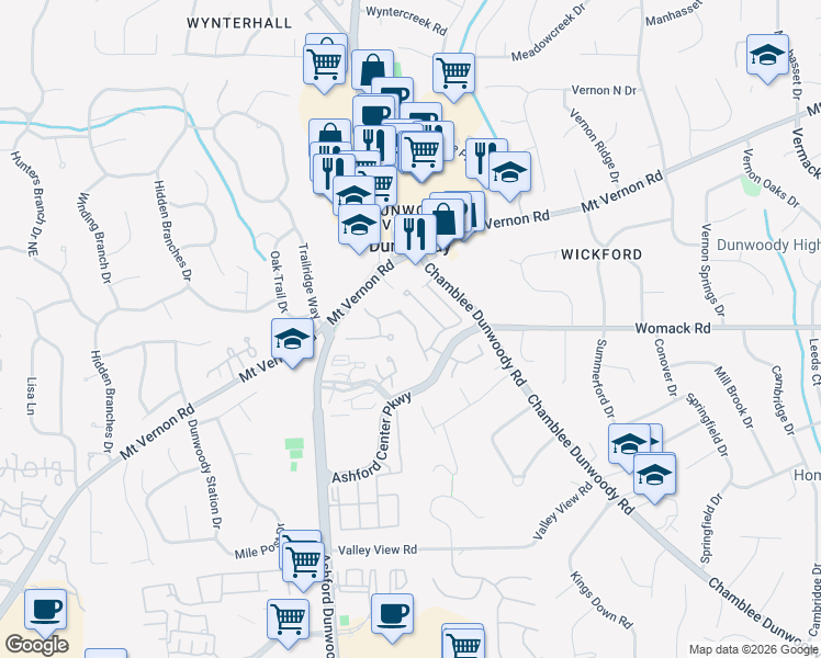 map of restaurants, bars, coffee shops, grocery stores, and more near 4968 Village Terrace Drive in Dunwoody