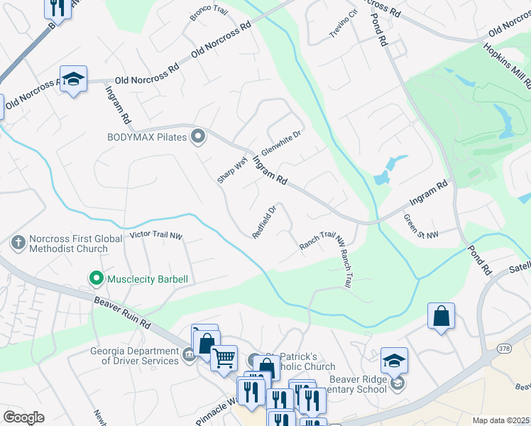 map of restaurants, bars, coffee shops, grocery stores, and more near 2407 Redfield Drive in Norcross