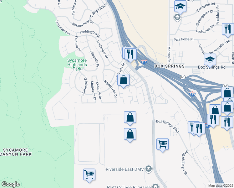 map of restaurants, bars, coffee shops, grocery stores, and more near 6022 Applecross Drive in Riverside