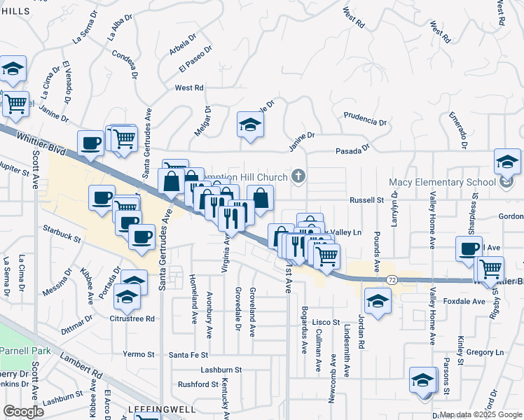 map of restaurants, bars, coffee shops, grocery stores, and more near 16034 Russell Street in Whittier
