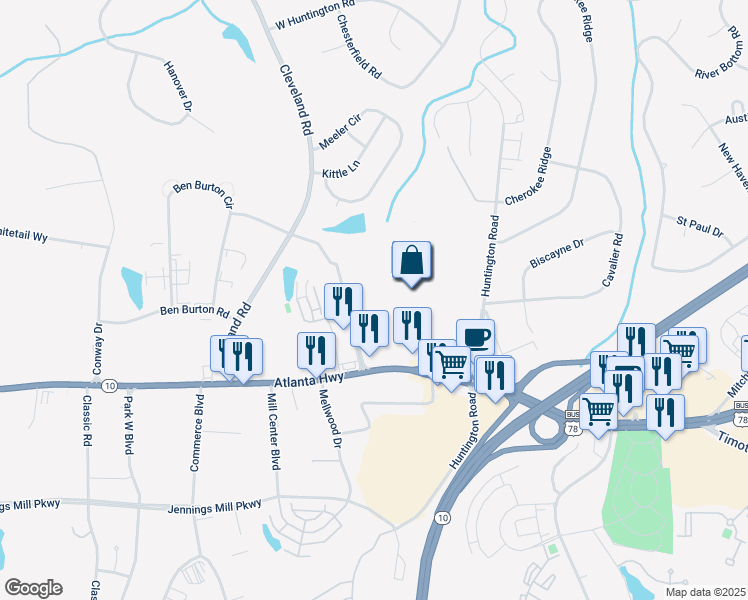 map of restaurants, bars, coffee shops, grocery stores, and more near 3700 Atlanta Highway in Athens