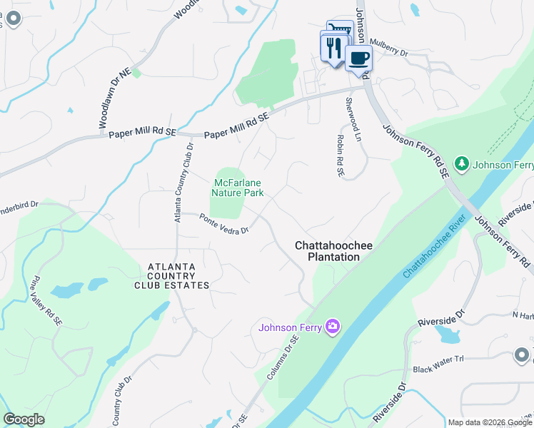 map of restaurants, bars, coffee shops, grocery stores, and more near 4620 Ponte Vedra Drive in Marietta