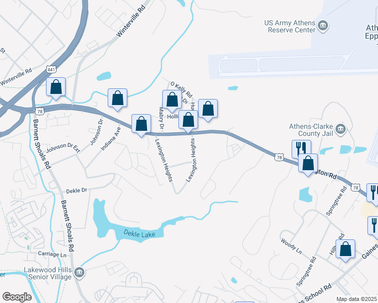 map of restaurants, bars, coffee shops, grocery stores, and more near 2190 Lexington Rd in Athens