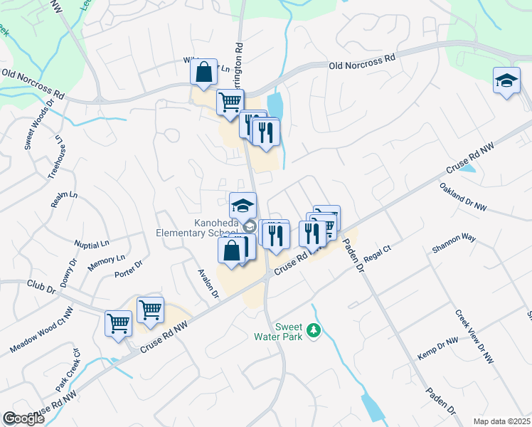 map of restaurants, bars, coffee shops, grocery stores, and more near 2690 Binghampton Lane in Lawrenceville