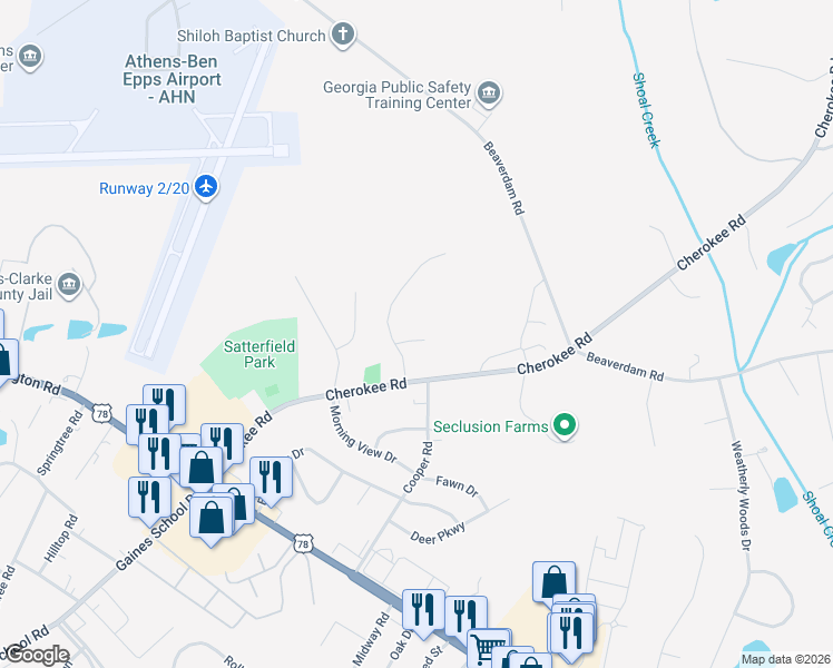 map of restaurants, bars, coffee shops, grocery stores, and more near 145 Candler Court in Athens