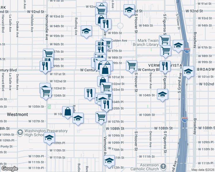map of restaurants, bars, coffee shops, grocery stores, and more near 10206 South Vermont Avenue in Los Angeles