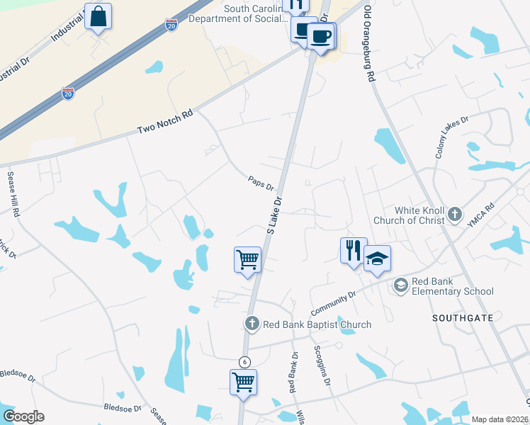 map of restaurants, bars, coffee shops, grocery stores, and more near 1250 South Lake Drive in Lexington