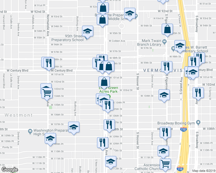 map of restaurants, bars, coffee shops, grocery stores, and more near 10206 South Vermont Avenue in Los Angeles