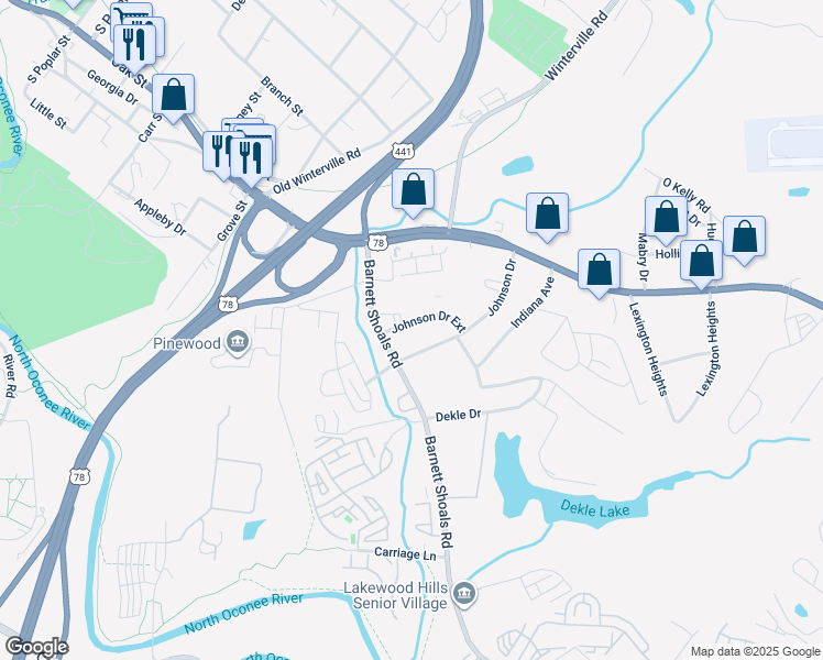 map of restaurants, bars, coffee shops, grocery stores, and more near 130 Johnson Drive Extension in Athens