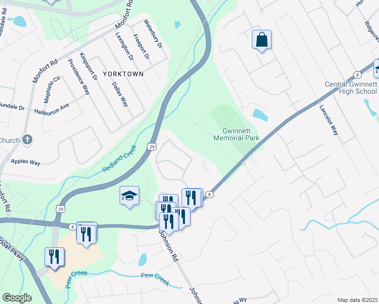 map of restaurants, bars, coffee shops, grocery stores, and more near 1022 Noble Oak Court in Lawrenceville