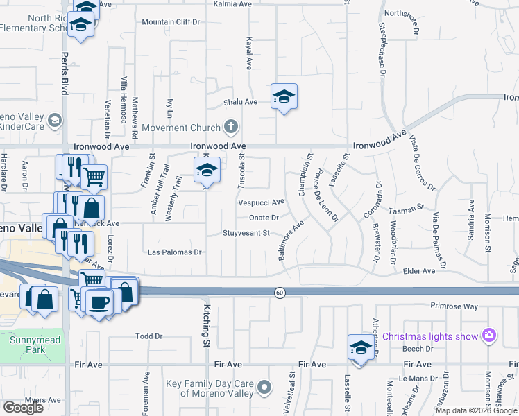 map of restaurants, bars, coffee shops, grocery stores, and more near 25671 Vespucci Avenue in Moreno Valley