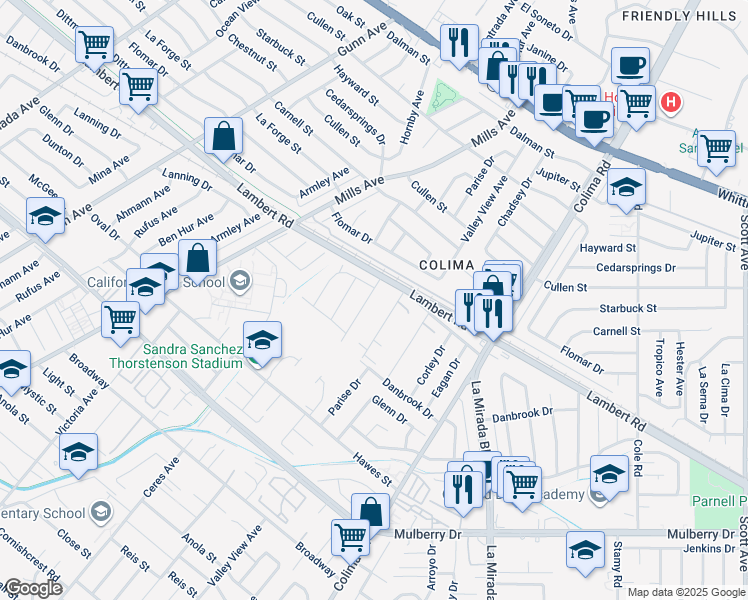 map of restaurants, bars, coffee shops, grocery stores, and more near 9926 Bonavista Lane in Whittier