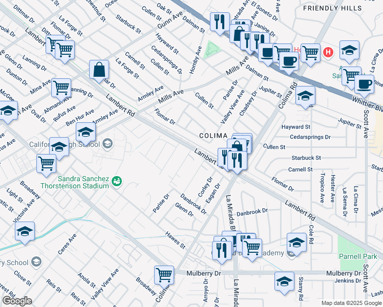 map of restaurants, bars, coffee shops, grocery stores, and more near 14726 Lambert Road in Whittier