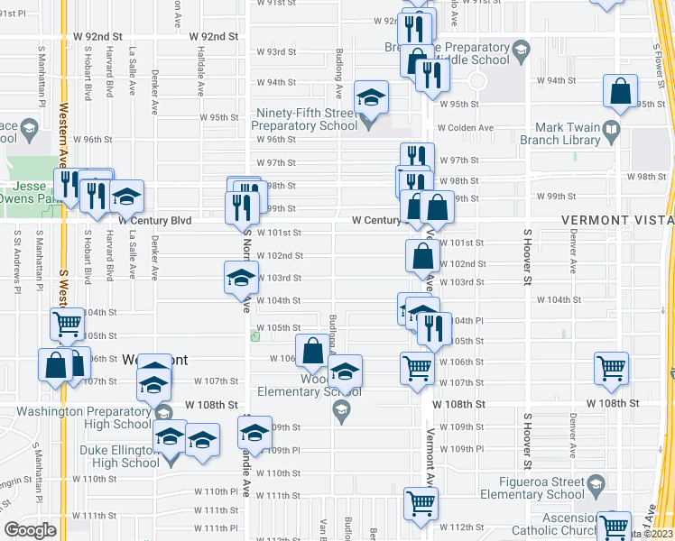 map of restaurants, bars, coffee shops, grocery stores, and more near 10218 Budlong Avenue in Los Angeles