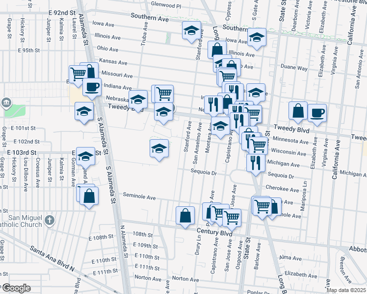 map of restaurants, bars, coffee shops, grocery stores, and more near 10133 Stanford Avenue in South Gate