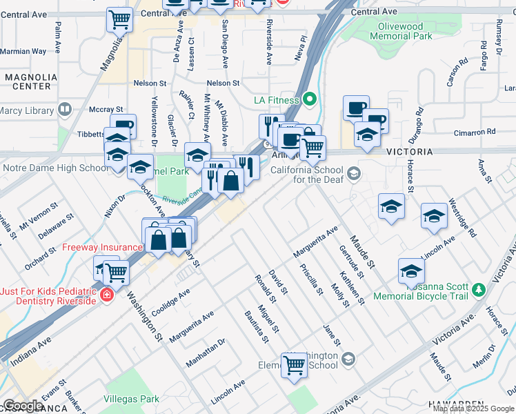 map of restaurants, bars, coffee shops, grocery stores, and more near 6667 Piccadilly Street in Riverside