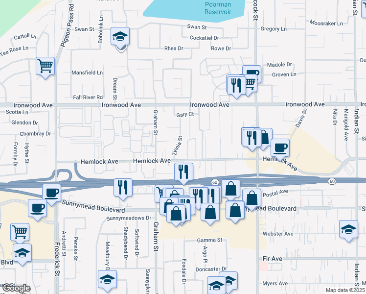 map of restaurants, bars, coffee shops, grocery stores, and more near 12178 Zinnia Street in Moreno Valley