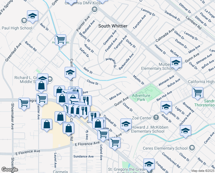 map of restaurants, bars, coffee shops, grocery stores, and more near 10133 Lanett Avenue in Whittier