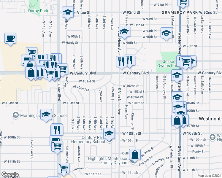 map of restaurants, bars, coffee shops, grocery stores, and more near 10213 South 1st Avenue in Inglewood