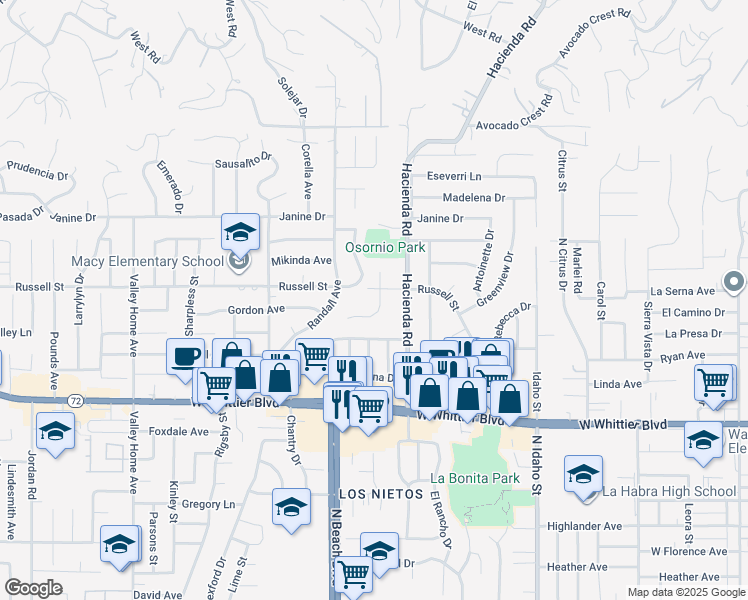 map of restaurants, bars, coffee shops, grocery stores, and more near 1241 Farrington Drive in La Habra