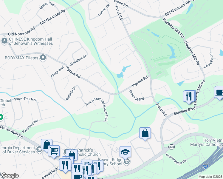 map of restaurants, bars, coffee shops, grocery stores, and more near 2252 Ingram Road in Duluth