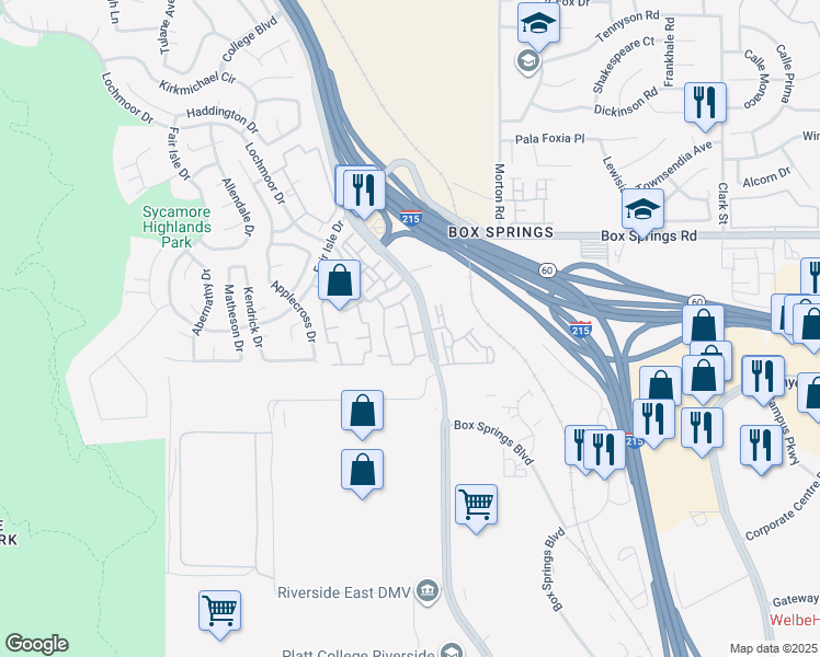map of restaurants, bars, coffee shops, grocery stores, and more near 5925 Sycamore Canyon Boulevard in Riverside