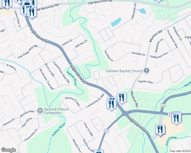 map of restaurants, bars, coffee shops, grocery stores, and more near 1626 River Main Court in Lawrenceville