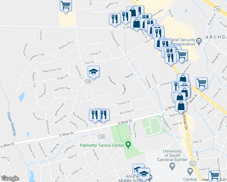 map of restaurants, bars, coffee shops, grocery stores, and more near 910 Arnaud Street in Sumter