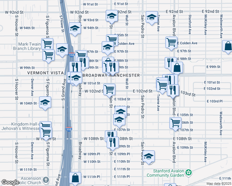 map of restaurants, bars, coffee shops, grocery stores, and more near 10206 South Main Street in Los Angeles