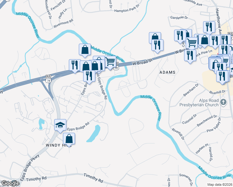map of restaurants, bars, coffee shops, grocery stores, and more near 285 Sycamore Drive in Athens