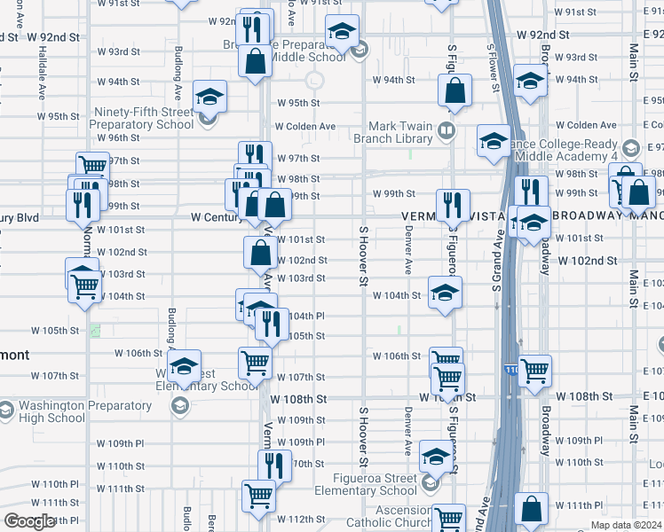 map of restaurants, bars, coffee shops, grocery stores, and more near 742 W 102nd St in Los Angeles