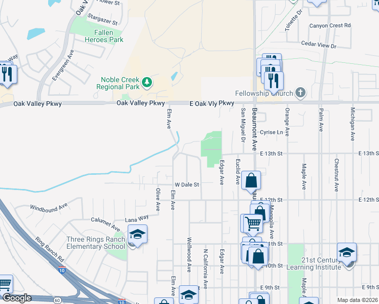 map of restaurants, bars, coffee shops, grocery stores, and more near 1292 North California Avenue in Beaumont