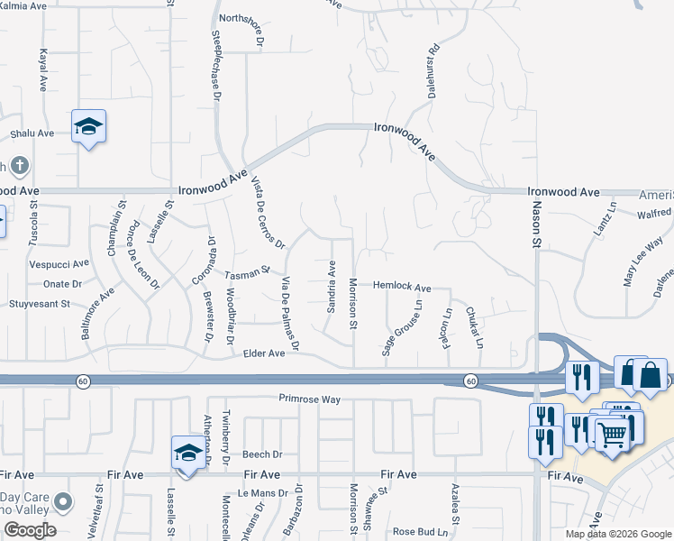 map of restaurants, bars, coffee shops, grocery stores, and more near 12240 Sandria Avenue in Moreno Valley