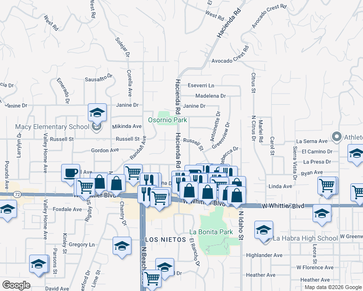 map of restaurants, bars, coffee shops, grocery stores, and more near 1260 Hacienda Road in La Habra