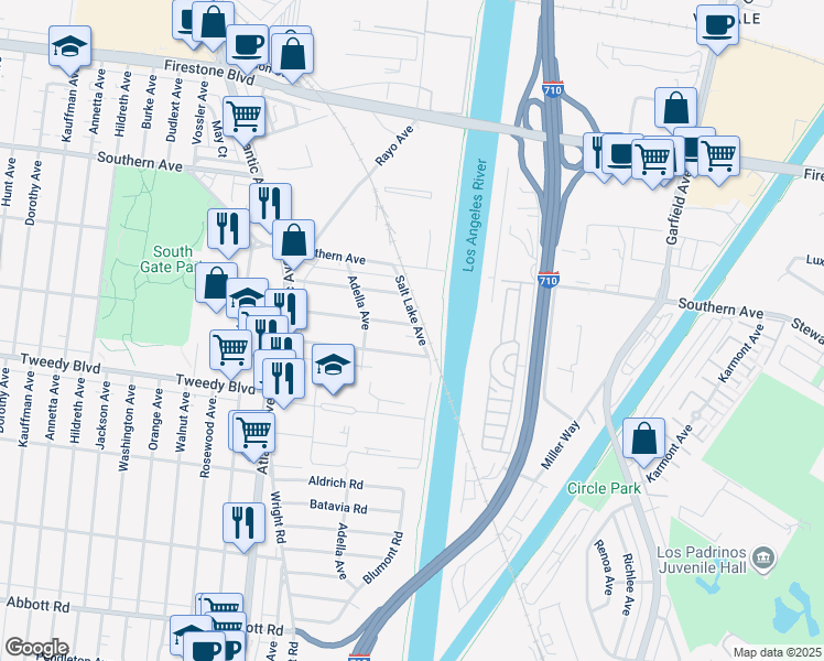 map of restaurants, bars, coffee shops, grocery stores, and more near 5252 Duncan Way in South Gate