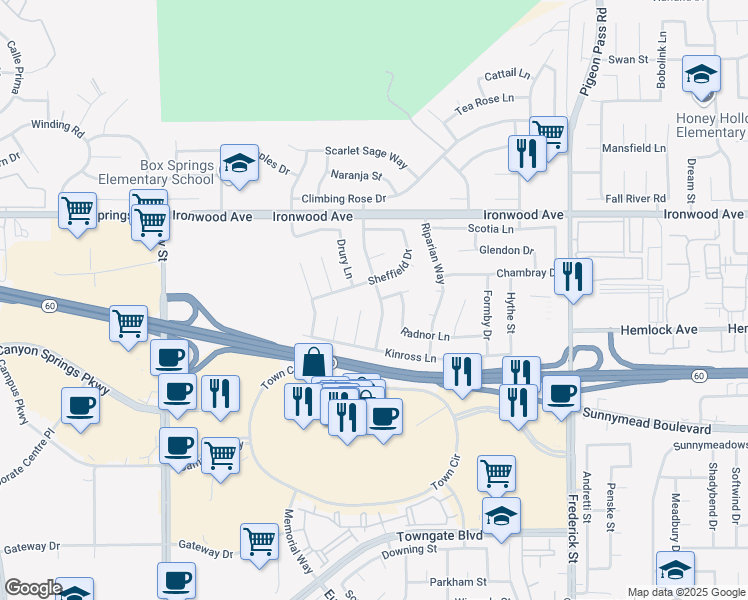 map of restaurants, bars, coffee shops, grocery stores, and more near 12213 Heritage Drive in Moreno Valley