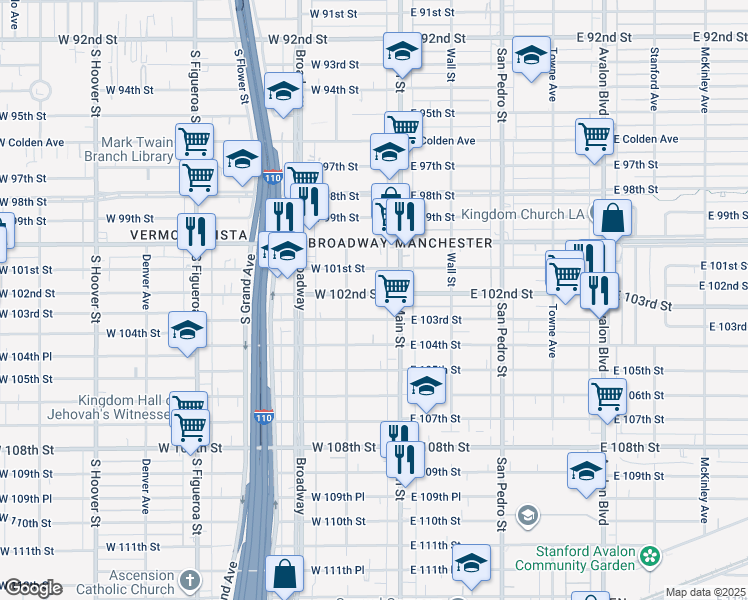 map of restaurants, bars, coffee shops, grocery stores, and more near 128 West 102nd Street in Los Angeles