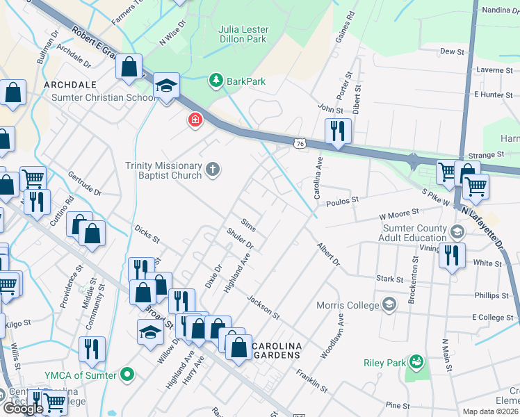 map of restaurants, bars, coffee shops, grocery stores, and more near 3 Andrena Drive in Sumter