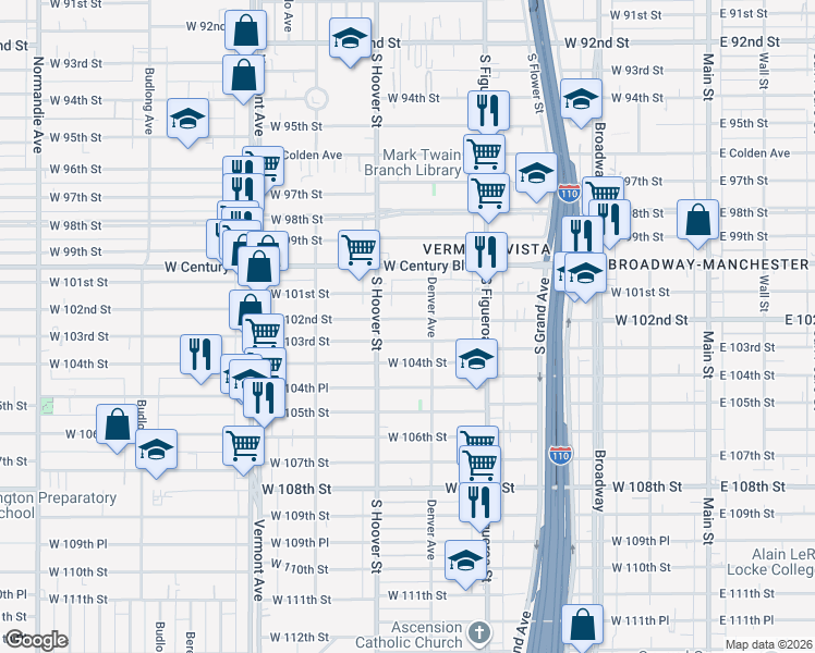map of restaurants, bars, coffee shops, grocery stores, and more near 624 West 102nd Street in Los Angeles