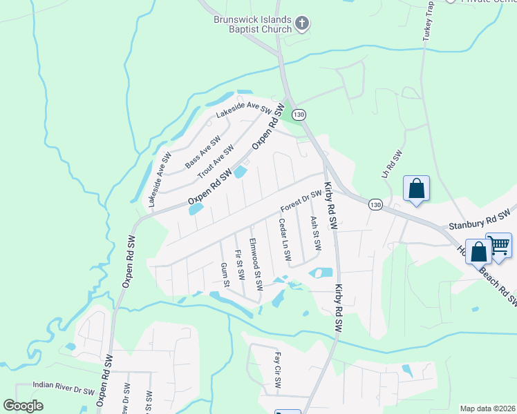map of restaurants, bars, coffee shops, grocery stores, and more near 2097 Seashore Hills Road Southwest in Brunswick County
