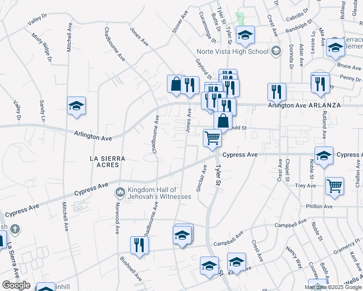 map of restaurants, bars, coffee shops, grocery stores, and more near 6124 Jones Avenue in Riverside