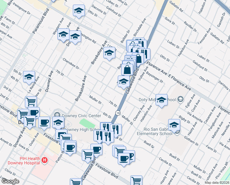 map of restaurants, bars, coffee shops, grocery stores, and more near 8708 Cherokee Drive in Downey