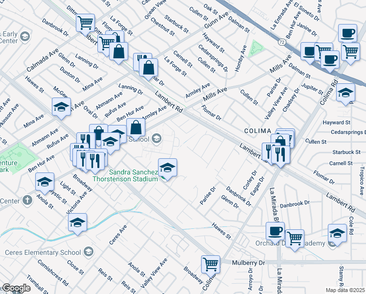 map of restaurants, bars, coffee shops, grocery stores, and more near 14602 Danbrook Drive in Whittier