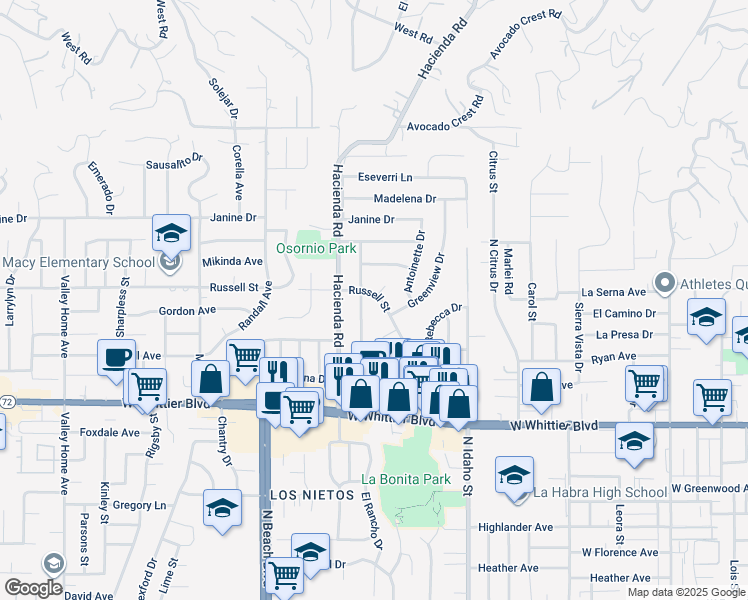 map of restaurants, bars, coffee shops, grocery stores, and more near 1281 Russell Street in La Habra