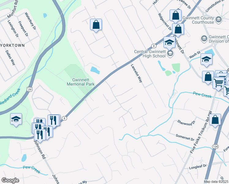 map of restaurants, bars, coffee shops, grocery stores, and more near 40 Hanarry Drive in Lawrenceville