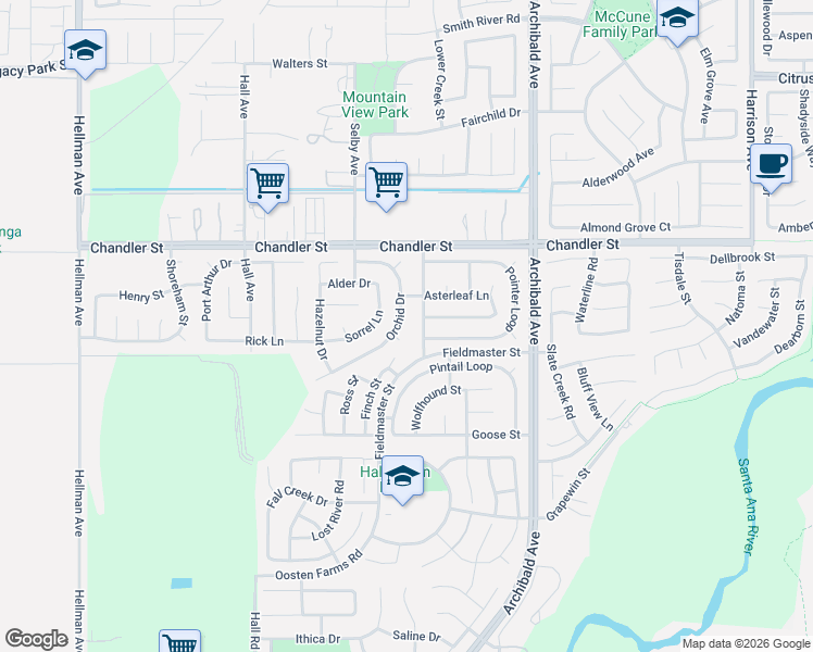 map of restaurants, bars, coffee shops, grocery stores, and more near 7981 Orchid Drive in Corona