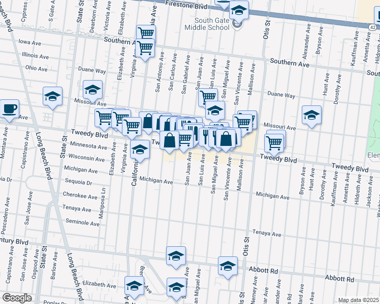 map of restaurants, bars, coffee shops, grocery stores, and more near 9916 San Juan Avenue in South Gate