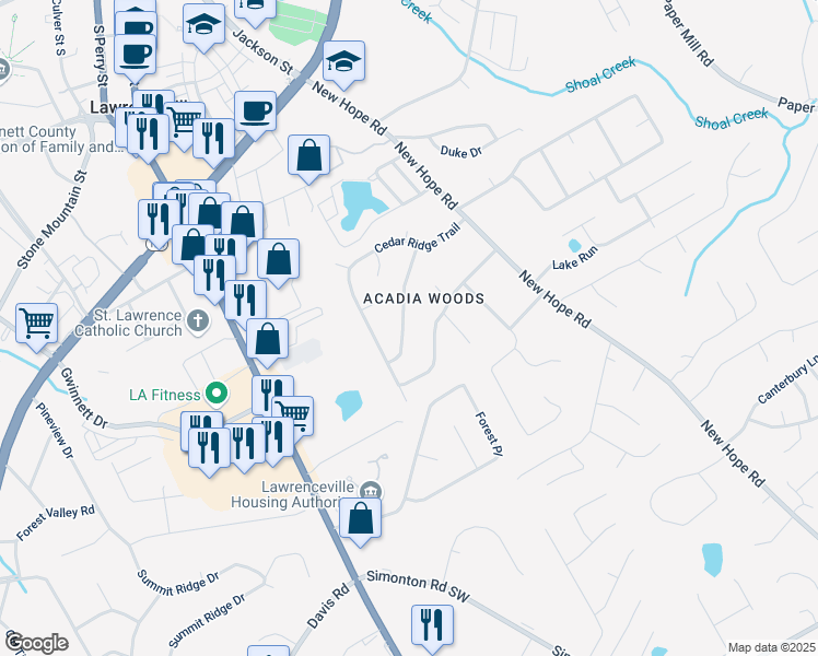map of restaurants, bars, coffee shops, grocery stores, and more near 404 Hemlock Drive in Lawrenceville