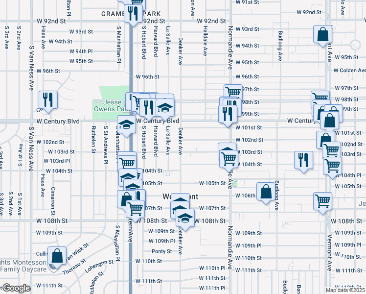 map of restaurants, bars, coffee shops, grocery stores, and more near 10216 South Denker Avenue in Los Angeles