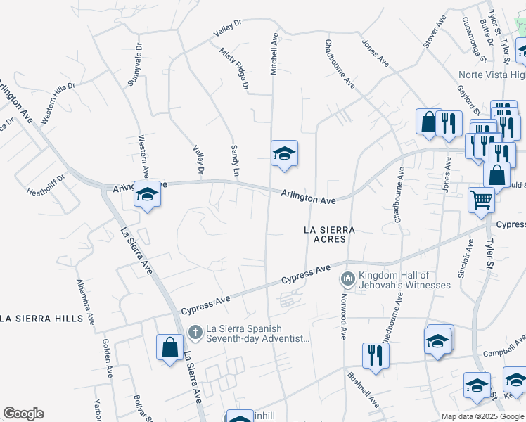 map of restaurants, bars, coffee shops, grocery stores, and more near 6322 Mitchell Avenue in Riverside